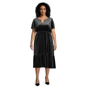 Terra & Sky Plus Size 2X Flutter Sleeve Y-Neck Elastic Waist Velvet Dress Black